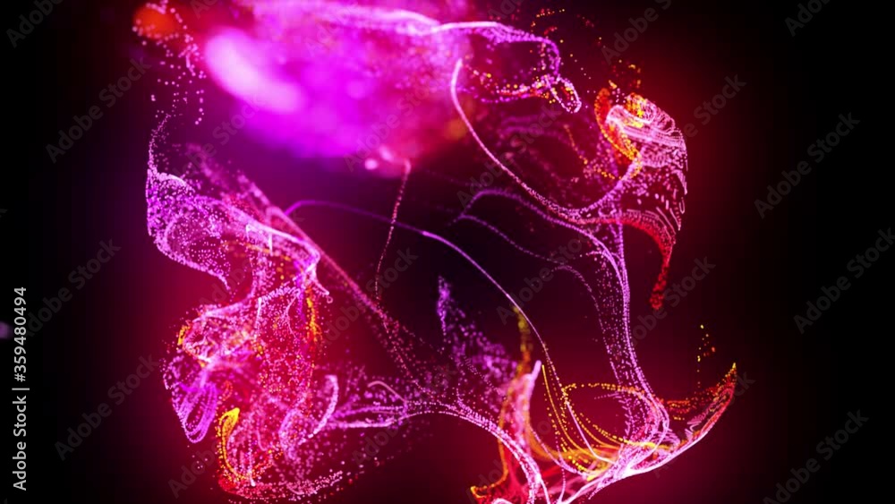 Poster injection of fluorescent red violet ink in water in 4k. 3d render of glow particles in ink flow. lum
