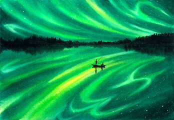 Naklejka na ściany i meble Watercolor Painting - Boating under Aurora Sky