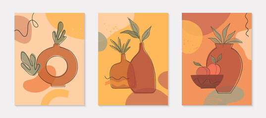 Bundle of art modern vector illustrations with vases,leaves,organic shapes and peaches.Terracotta art prints.Trendy contemporary design perfect for  banners templates;social media,invitations;covers