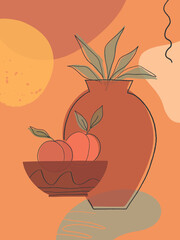 Artistic modern vector illustration with vases,leaves,organic shapes and peaches.Trendy contemporary design perfect for prints; banners templates;social media,invitations;branding,covers