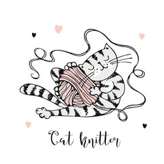 Cute kitten playing with a ball of yarn. Vector