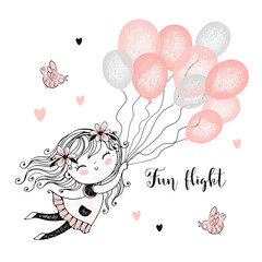 Cute girl flying balloons. Vector illustrations. Cards.