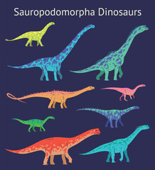 Set of sauropodomorpha dinosaurs. Colorful vector illustration of dinosaurs isolated on blue background. Side view. Sauropods. Proportional dimensions. Element for your desing, blog, journal. © tinkivinki