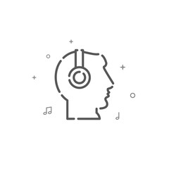 Head in headphones simple vector line icon. Listen to music symbol, pictogram, sign. Light background. Editable stroke. Adjust line weight.