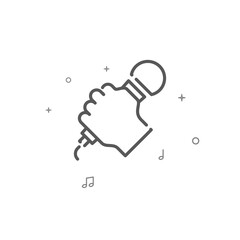 Hand with microphone simple vector line icon. Karaoke symbol, pictogram, sign. Light background. Editable stroke. Adjust line weight.