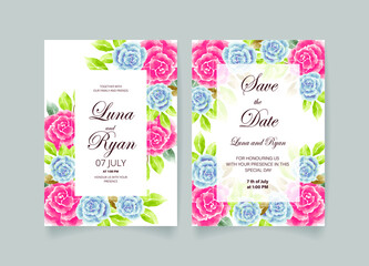 Fototapeta premium Wedding invitation card, save the date with watercolor flowers, leaves and branches.