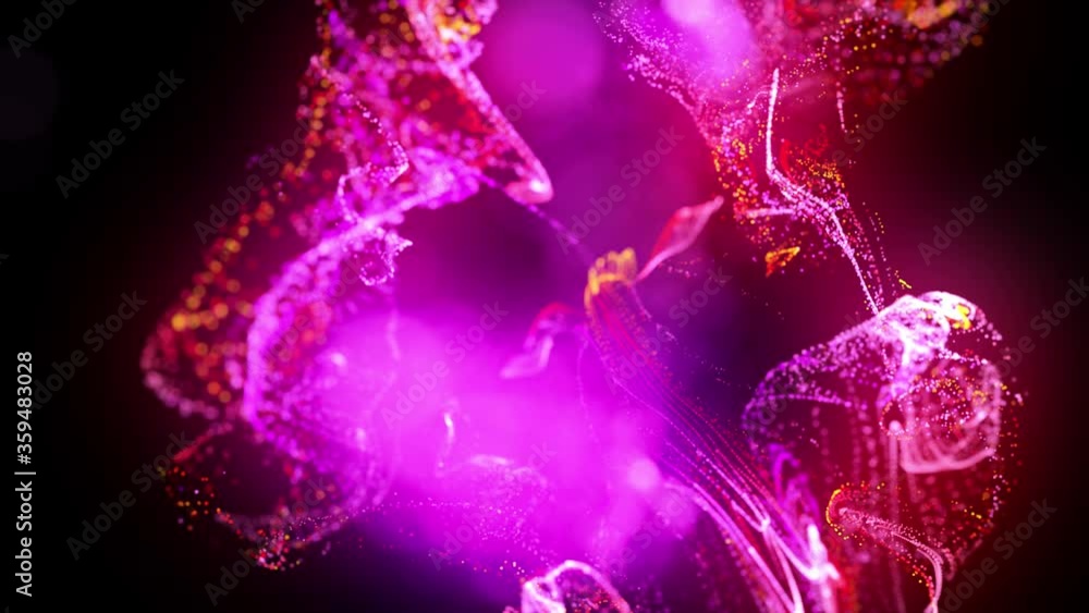 Poster injection of fluorescent red violet ink in water in 4k. 3d render of glow particles in ink flow. lum