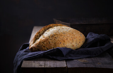 Freshly baked bread on a wooden table