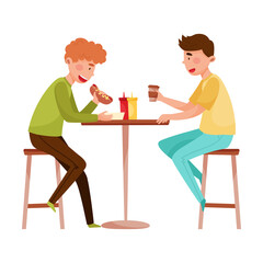 People Characters Sitting at Street Cafe Table Talking, Eating and Drinking Coffee Vector Illustration
