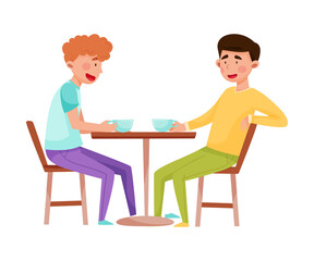 People Characters Sitting at Street Cafe Table Talking, Eating and Drinking Coffee Vector Illustration