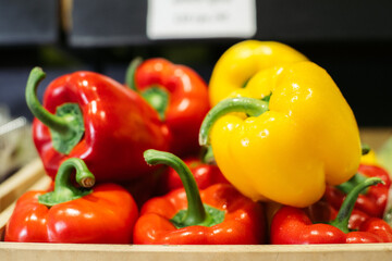 Wet bell pepper lying under light in grocery. Close-up of red and yellow organic vegetables in supermarket. Healthy food, nutrition, vegeterianism, assortment.