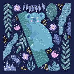 Cute card with koala on a background with tropical plants. Vector illustration in cartoon style on a dark background. Hand drawing.