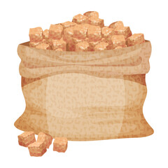 Pile of Brown Sugar Cubes in Sack as Sweetener for Tea and Coffee Vector Illustration