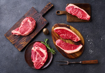 Variety of fresh Black Angus Prime raw beef steakes