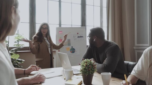 team of young colleagues conducting a business presentation using flipchart while working in the creative office