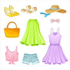 Summer Clothing with Denim Blue Shorts and Open Toe Shoes Vector Set