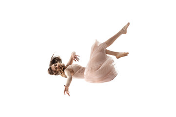 Mid-air beauty cought in moment. Full length shot of attractive young woman hovering in air and...