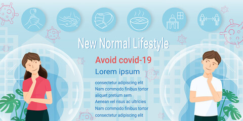 woman and man at home, looking up and thinking about how to Avoid covid-19 infection. new normal lifestyle. change and adaptation of routine. buildings on blue background. Reduce the risk.