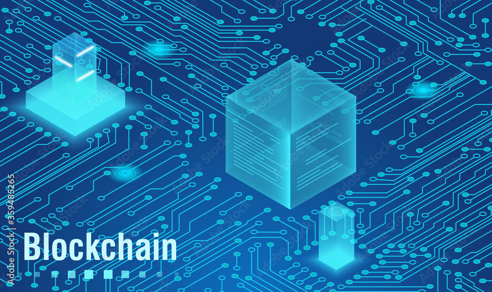 Poster Abstract neon color blockchain isometric concept banner. Digital Technology blocks connection with each other and shapes crypto chain. Abstract technology background. Vector illustration.