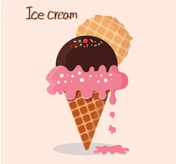 Ice cream flavor strawberry and chocolate with sugar and waffle tipping.
