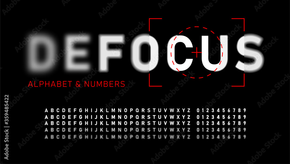 Fototapete realistic blurred font. alphabet with focused and defocused letters and numbers. bold letters isolat