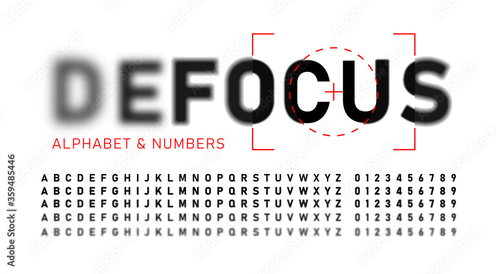Fototapete realistic blurred font. alphabet with focused and defocused letters and numbers. bold letters isolat