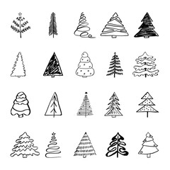 Set Christmas and New Year tree. Hand-drawn sketch. Holidays background. Abstract doodle drawing woods. Vector illustration