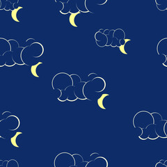 Seamless pattern of hand-drawn moons and clouds. Vector background image for holiday, baby shower, pajamas prints, wrapping paper. Concept texture for sleep.