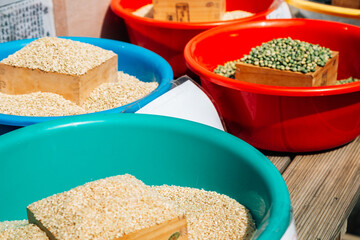 Beans and grains at Gyodong Island Daeryong old traditional market in Ganghwa-gun, Incheon, Korea