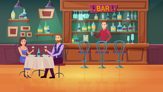 Couple people in bar vector illustration. Cartoon flat man woman characters meeting, dating drinking wine in restaurant interior, barista barman standing at bar counter, romantic dinner background