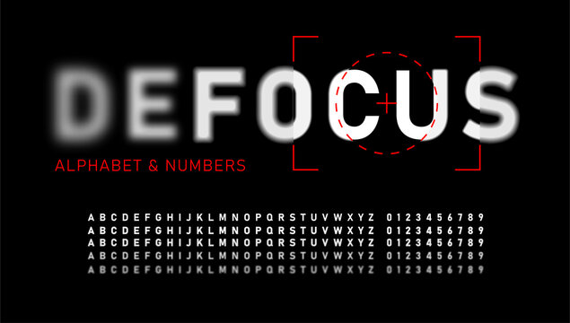 Realistic blurred font. Alphabet with focused and defocused letters and numbers. Bold letters isolated on black background. Vector illustration