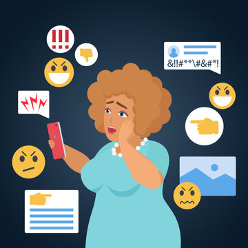 Cyber bullying people vector illustration. Cartoon flat sad bullied fat woman character has cyber bully mockery problem in online social media, reading internet hate messages in smartphone background