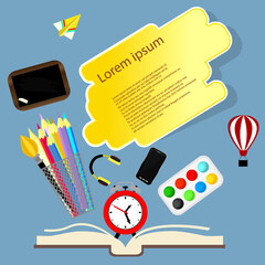 Back to school vector illustration with alarm clock. School supplies, other elements and red alarm clock. Copy space for your text