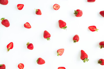 Fresh strawberry pattern on white background. Flat lay. Top view. Summer berries concept