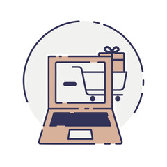 vector laptop computer online shop. Laptop and cart, online marketing elements. shopping from home. Illustration E-commerce Shopping Symbols.