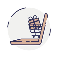 vector laptop computer online shop. Laptop and cart, online marketing elements. shopping from home. Illustration E-commerce Shopping Symbols.