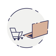 vector laptop computer online shop. Laptop and cart, online marketing elements. shopping from home. Illustration E-commerce Shopping Symbols.