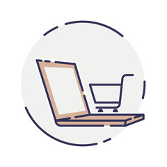 vector laptop computer online shop. Laptop and cart, online marketing elements. shopping from home. Illustration E-commerce Shopping Symbols.