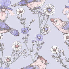 Fototapeta premium Seamless pattern with hand drawn flowers and birds