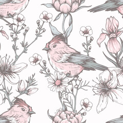 Seamless pattern with hand drawn flowers and birds
