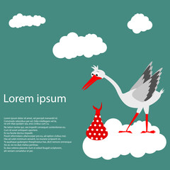 Baby arrival card - Baby shower invitation card with cute stork. Vector illustration