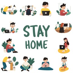 Working at home, concept illustration. Freelance people working on laptops and computers from home. Flat style vector illustration of character working from home.