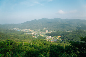 Obraz premium View of Ganghwado Island mountains from Goryeosan mountain Jeokseoksa temple in Incheon, Korea