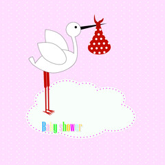 Cute baby announcement card. Vector illustration of a Happy Birthday Invitation with stork.