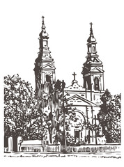 Catholic Church Sketch Drawing. City Landmark