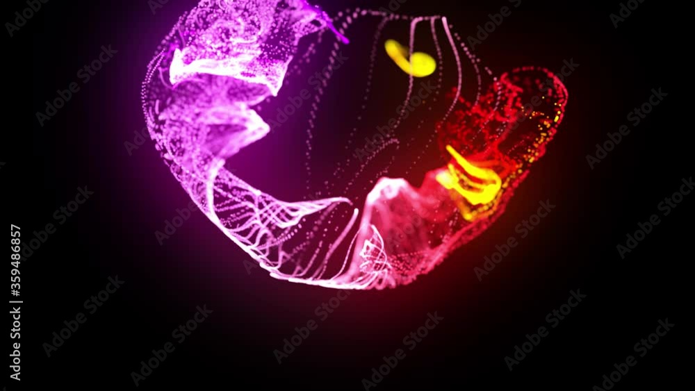 Poster injection of fluorescent red violet ink in water in 4k. 3d render of glow particles in ink flow. lum