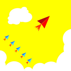 Fototapeta na wymiar Paper airplanes flying from clouds on blue sky. Paper art style of business teamwork creative concept idea.Vector illustration