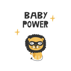 Kids poster with cute lion animal superhero and hand drawn lettering. Baby nursery wall art. Vector illustration.