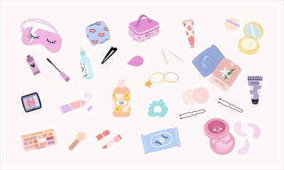 Set of various cosmetics. Cosmetic bag, hair bands, hairpins, lipstick, eye shadow, washing gel, mascara, cream, powder, sponge, mirror. Make up and body care concept. All elements are isolated. 