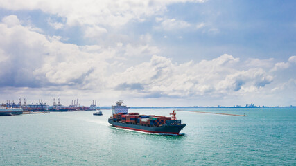 Container ship sailing the ocean, Business cargo logistics aerial view